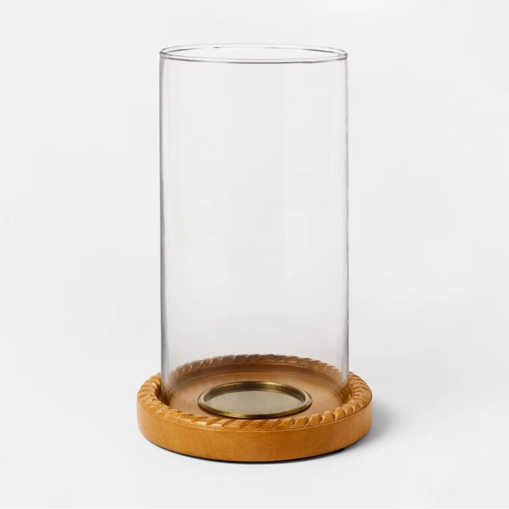 Large Wood and Glass Hurricane Candle Holder Tan - Threshold Studio McGee NEW